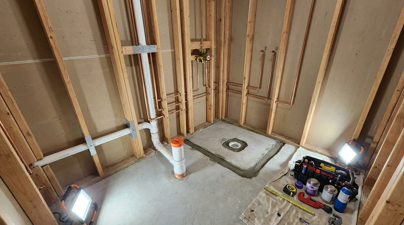 Bathroom rough-in plumbing during remodel by Johns Plumbing LLC in Emigsville
