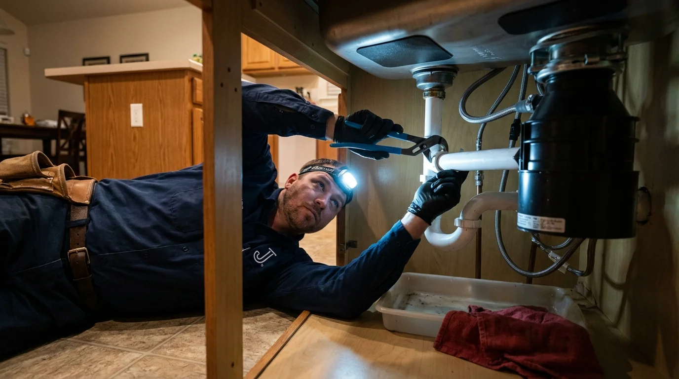P-trap and supply line connections under a kitchen sink showing a common leak point in Emigsville, PA
